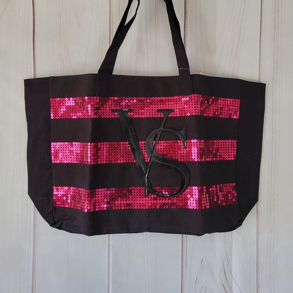 NWT Victoria’s Secret large, weekend/travel bag, Black & Pink sequin overnight - Picture 1 of 5